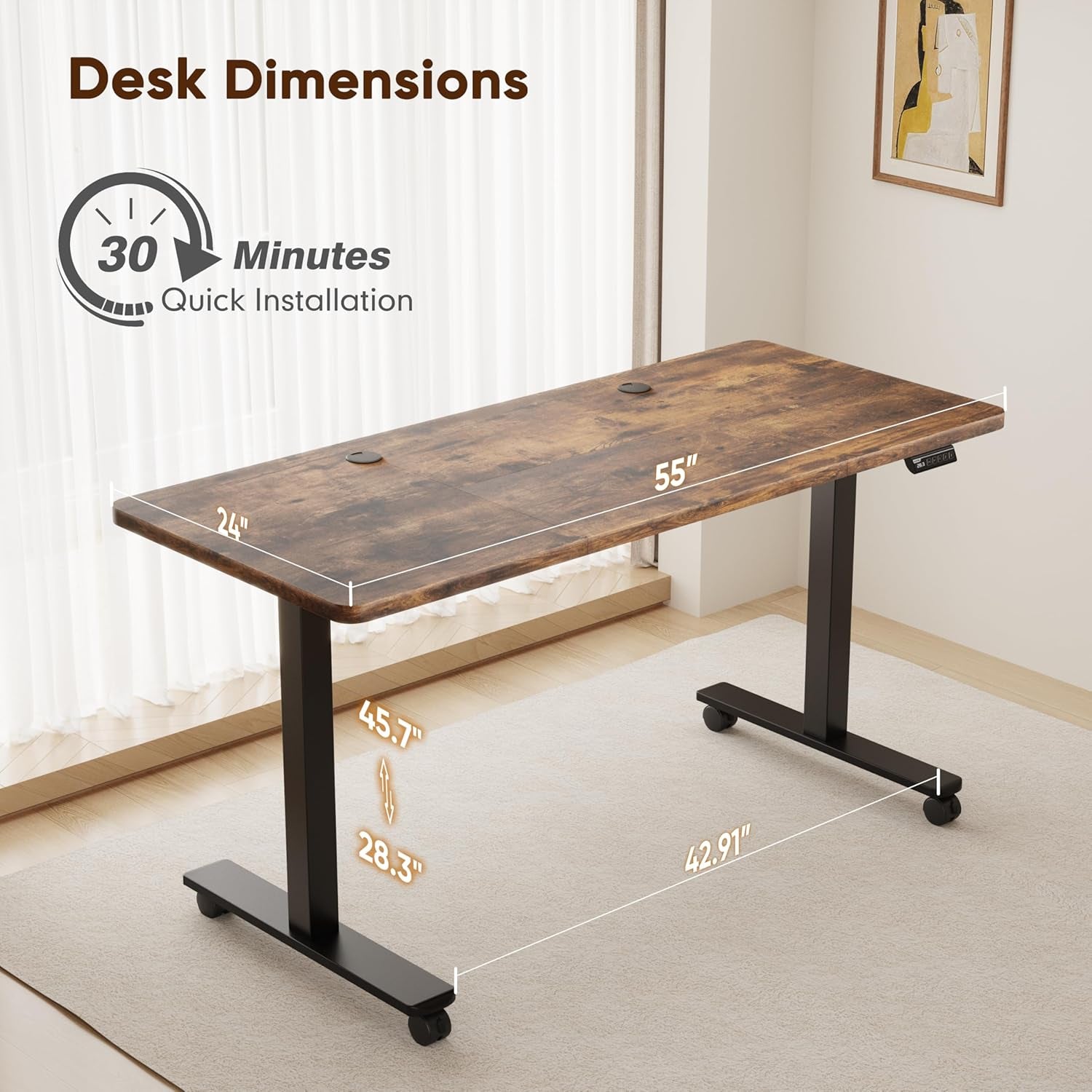 55" Height Adjustable Electric Standing Desk - Versatile Sit-Stand Workstation for Home Office, Gaming, and Study - Stylish Brown Finish